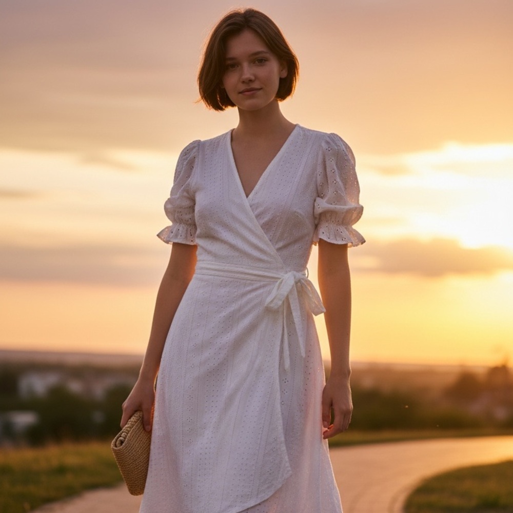 BCBG White Eyelet Wrap Spring Dress Puff Sleeve Tie Waist Size M NWT